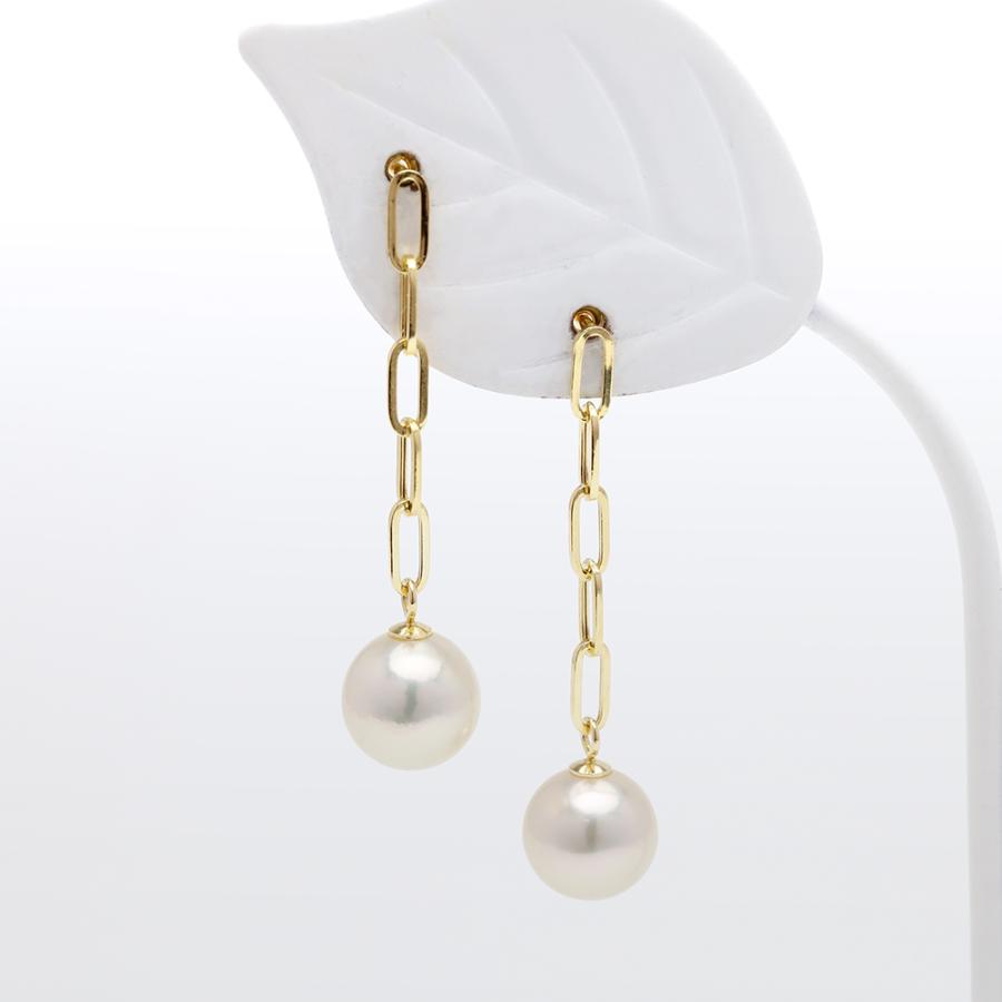 k18 パール ピアス ペーパークリップ 5コマ 18金 18k イエローゴールド ロングピアス チェーンピアス 本真珠 あこや アコヤ 6-6.5mm カジュアル ジュエリーの画像