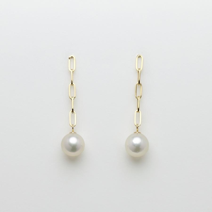 k18 パール ピアス ペーパークリップ 5コマ 18金 18k イエローゴールド ロングピアス チェーンピアス 本真珠 あこや アコヤ 6-6.5mm カジュアル ジュエリーの画像
