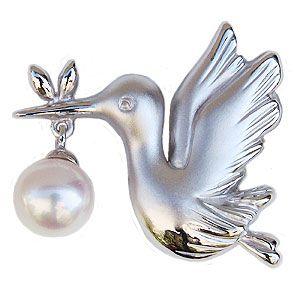 ブローチ コウノトリブローチ パールブローチ 鳥 ピンブローチ ピンズ