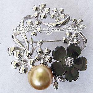 ブローチ 花 パール 真珠 3WAY ピンブローチ 南洋白蝶真珠 ゴールド系 直径10mm 黒蝶貝 花モチーフ シルバー 送料無料 プレゼント ギフト ご褒美 自分買い puの画像