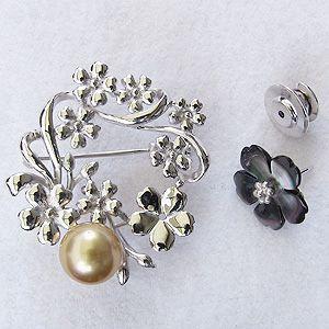 ブローチ 花 パール 真珠 3WAY ピンブローチ 南洋白蝶真珠 ゴールド系 直径10mm 黒蝶貝 花モチーフ シルバー 送料無料 プレゼント ギフト ご褒美 自分買い puの画像