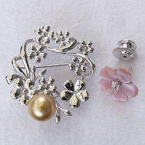 ブローチ 花 パール 真珠 3WAY ピンブローチ 南洋白蝶真珠 ゴールド系 直径10mm ピンク貝 花モチーフ シルバー 送料無料 プレゼント ギフト 自分買い puの画像