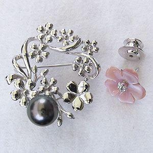 ブローチ 花 パール 真珠 3WAY ピンブローチ たひち黒蝶真珠 グリーン系 10mm ピンク貝 花モチーフ シルバー 送料無料 プレゼント ギフト ご褒美 自分買い puの画像