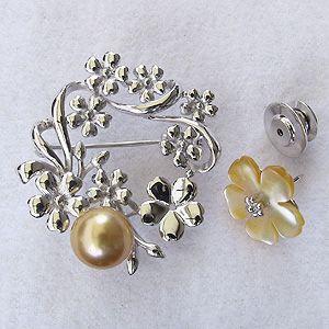ブローチ 花 パール 真珠 3WAY ピンブローチ 南洋白蝶真珠 ゴールド系 直径10mm 黄蝶貝 花モチーフ シルバー 送料無料 プレゼント ギフト ご褒美 自分買い puの画像