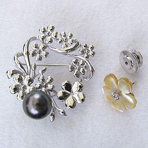 ブローチ 花 パール 真珠 3WAY ピンブローチ たひち黒蝶真珠 グリーン系 直径10mm 黄蝶貝 花モチーフ シルバー 送料無料 プレゼント ギフト 自分買い puの画像