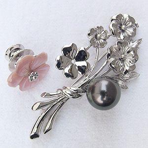 ブローチ 真珠ブローチ パールブローチ パール 真珠 3WAY ピンブローチ タヒチ黒蝶真珠 10mm ピンク貝 花モチーフ フォーマル プレゼント ギフト 自分買い puの画像