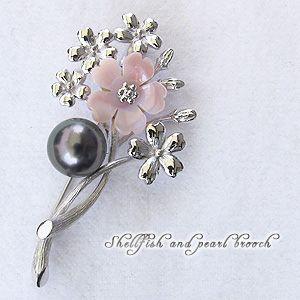 ブローチ 花 パール 真珠 タヒチ黒蝶真珠 グリーン系 直径10mm ピンク貝 フラワー 花モチーフ シルバー 送料無料 フォーマル プレゼント ご褒美 自分買い puの画像