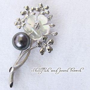 ブローチ 花 パール 真珠 タヒチ黒蝶真珠 グリーン系 直径10mm 白蝶貝 フラワー 花モチーフ シルバー 送料無料 フォーマル プレゼント ギフト 自分買い puの画像