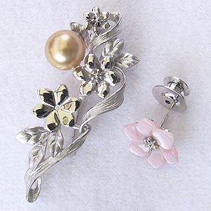 ブローチ 花 パール 真珠 3WAY ピンブローチ 南洋白蝶真珠 ゴールド系 直径10mm ピンク貝 花モチーフ シルバー 送料無料 プレゼント ギフト 自分買い puの画像