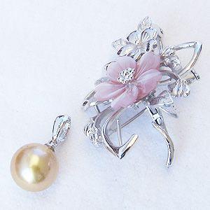 ブローチ 花 パール 真珠 ブローチ 南洋白蝶真珠 ゴールド系 直径10mm ピンク貝 花モチーフ 5WAYタイプ 送料無料 フォーマル プレゼント ご褒美 自分買い puの画像