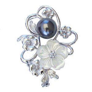 ブローチ 花 パール 真珠 タヒチ黒蝶真珠 グリーン系 10mm 白蝶貝 花