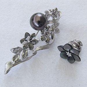 ブローチ 花 パール 真珠 2WAY ピンブローチ ブラックパール タヒチ黒