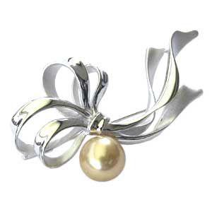 ブローチ 花 真珠パール 南洋白蝶真珠 ゴールド系 直径10mm リボン シルバー 送料無料 フォーマル プレゼント ギフト ご褒美 自分買い puの画像