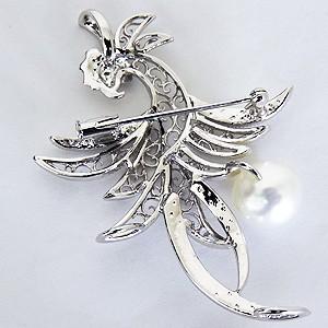 ブローチ フェニックス 不死鳥 ペンダント兼用 南洋白蝶真珠 10mm