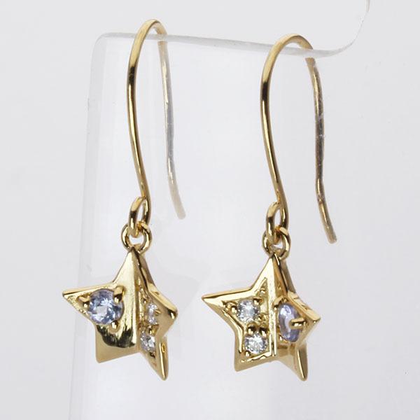 ダイヤモンド ピアス フックピアス ダイヤピアス タンザナイト スター 星 18k 18金 イエローゴールド 送料無料 ペア レディース プレゼント ギフト puの画像