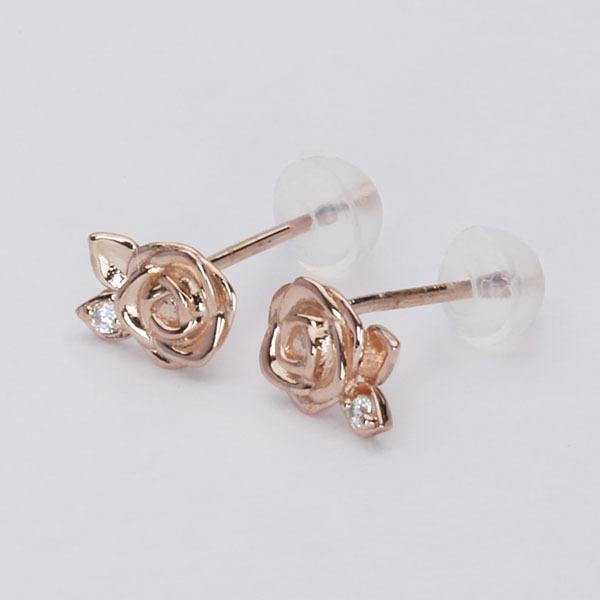 ピアス バラピアス 薔薇 ばら ダイヤピアス ダイヤモンド スタッドピアス 10k 10金 ピンクゴールド ペア 送料無料 レディース プレゼント ギフト 自分買いの画像