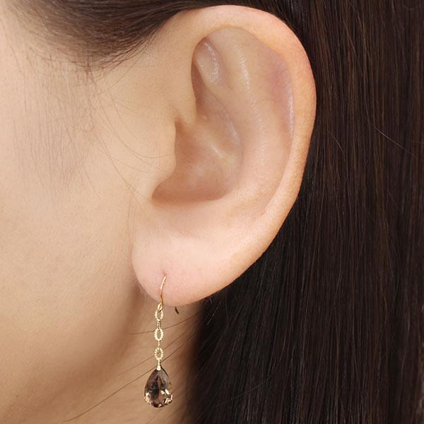 スモーキークォーツ ピアス フックピアス チェーンピアス k18 18k 18金
