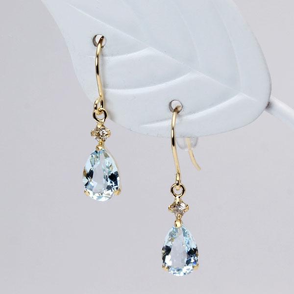 アクアマリン ピアス フックピアス k18 18k 18金 イエローゴールド ダイヤモンド 3月誕生石 アメリカンピアス 送料無料 カジュアル レディース プレゼント puの画像
