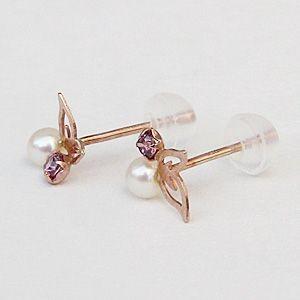 パール ピアス ピンクトルマリンピアス バタフライピアス スタッドピアス k10 ピンクゴールド 蝶 バタフライ プレゼント ギフト 自分買いの画像