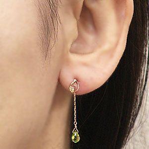 ピアス ペリドット ペリドットピアス スタッドピアス チェーンピアス k10 ピンクゴールド 2WAYピアス ティアドロップ プレゼント ギフト 自分買いの画像