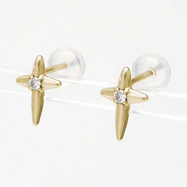 ダイヤモンド ピアス クロスピアス 十字架ピアス スタッドピアス イエローゴールド k18 18k 18金 0.02ct 送料無料 レディース カジュアル 普段使いの画像