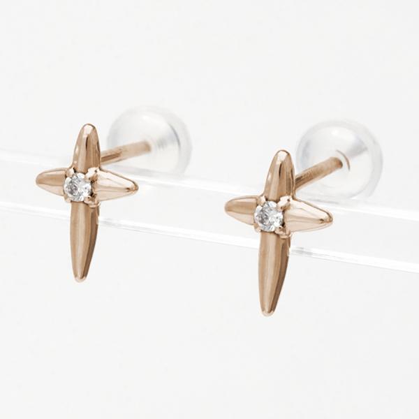 ダイヤモンド ピアス クロスピアス 十字架ピアス スタッドピアス ピンクゴールド k18 18k 18金 0.02ct 送料無料 レディース カジュアル 普段使いの画像