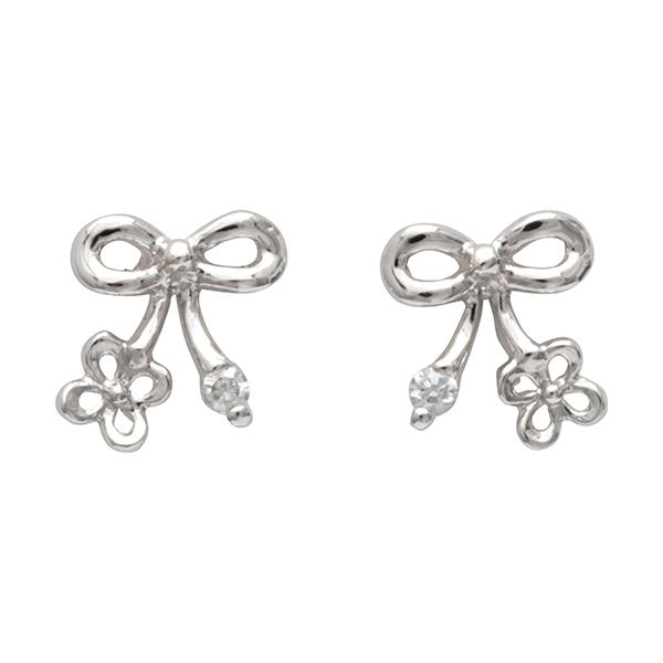 リボン ピアス ダイヤモンドピアス ダイヤピアス クローバーピアス スタッド ホワイトゴールド k18 18k 18金 レディース 送料無料 カジュアル 普段使いの画像