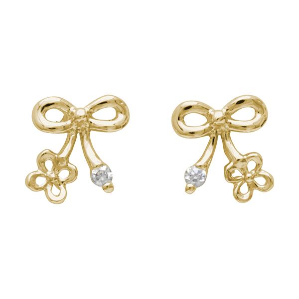 リボン ピアス ダイヤモンドピアス ダイヤピアス クローバーピアス スタッド イエローゴールド k18 18k 18金 レディース 送料無料 カジュアル 普段使いの画像