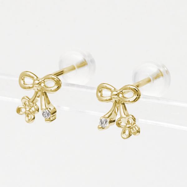リボン ピアス ダイヤモンドピアス ダイヤピアス クローバーピアス スタッド イエローゴールド k18 18k 18金 レディース 送料無料 カジュアル 普段使いの画像