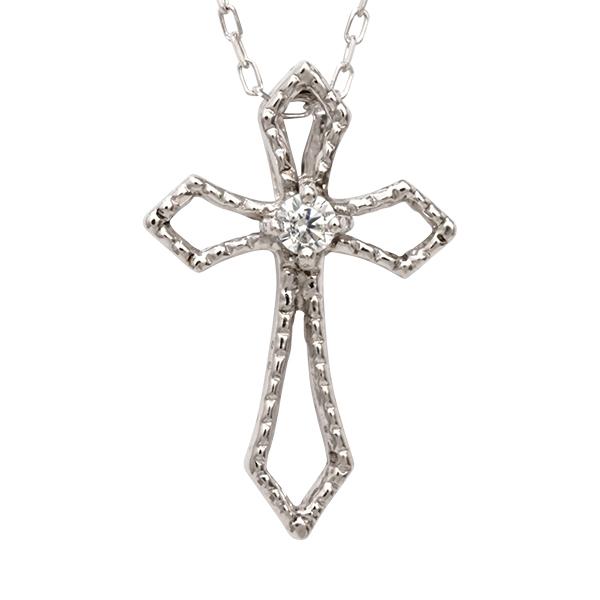 ダイヤモンド クロス 十字架 ネックレス ダイヤモンドネックレス クロスネックレス ダイヤ 0.02ct 18金 k18 18k ホワイトゴールド レディース 送料無料 puの画像