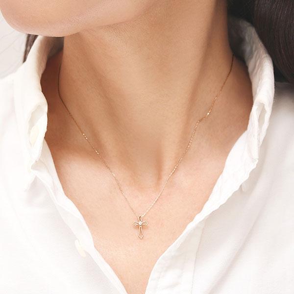 ダイヤモンド クロス 十字架 ネックレス ダイヤモンドネックレス クロスネックレス ダイヤ 0.02ct 18金 k18 18k ピンクゴールド レディース 送料無料 puの画像