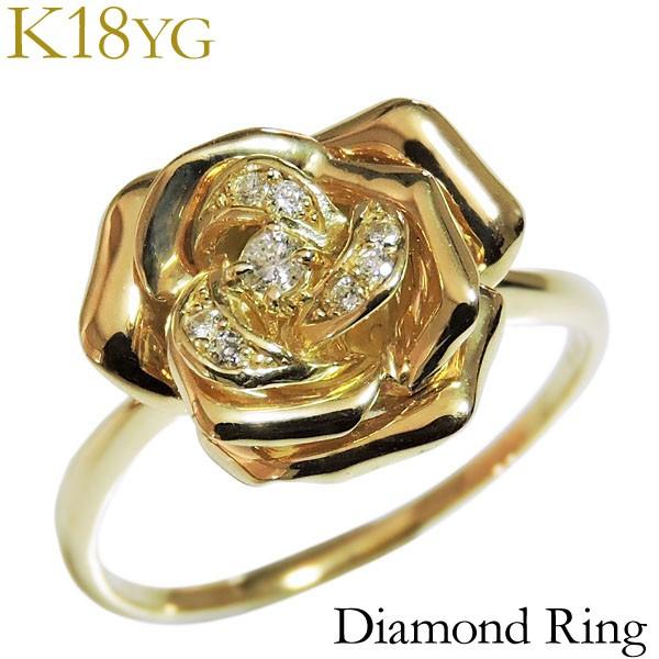 18金ダイヤフラワーリング ダイヤモンド リング k18 イエローゴールド 0.07ct 指輪 薔薇