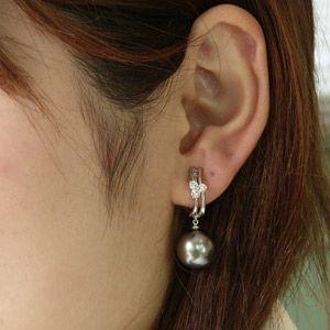 タヒチ黒蝶真珠 イヤリング ダイヤモンド パール グリーン系 12mm k18 