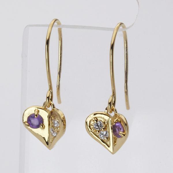 ダイヤモンド ピアス フックピアス ダイヤピアス アメジスト ハートピアス ハート 18k 18金 イエローゴールド 送料無料 ペア メンズ プレゼント 自分買い puの画像