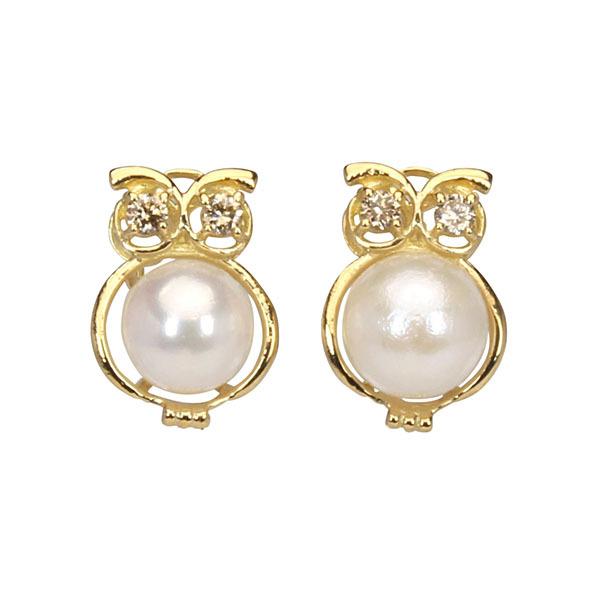 ピアス パール 真珠 アコヤ 本真珠 フクロウ ダイヤモンド ダイヤ スタッド 18金 k18 18k イエローゴールド ペア メンズ 送料無料 プレゼント ギフト puの画像