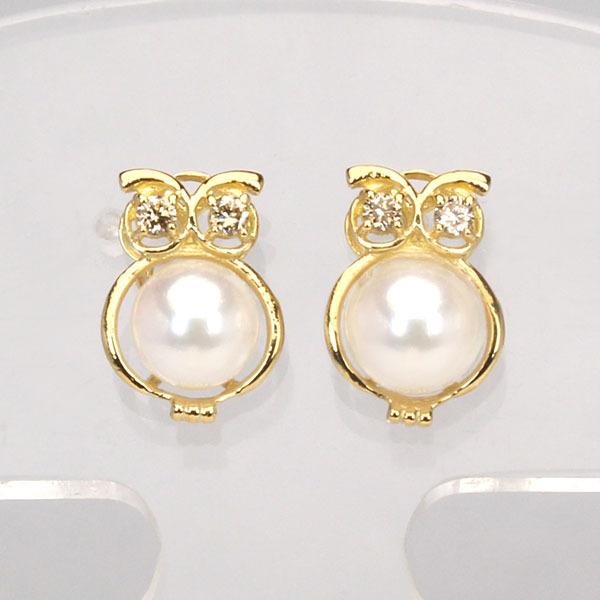 ピアス パール 真珠 アコヤ 本真珠 フクロウ ダイヤモンド ダイヤ スタッド 18金 k18 18k イエローゴールド ペア メンズ 送料無料 プレゼント ギフト puの画像