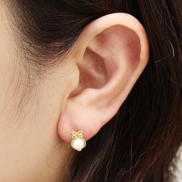ピアス パール 真珠 アコヤ 本真珠 フクロウ ダイヤモンド ダイヤ スタッド 18金 k18 18k イエローゴールド ペア メンズ 送料無料 プレゼント ギフト puの画像
