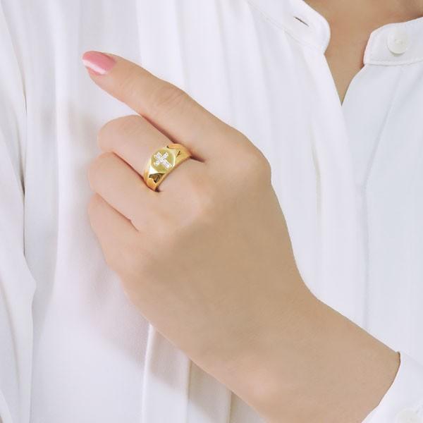 リング 印台型 クロスモチーフ ダイヤモンド k18 イエローゴールド