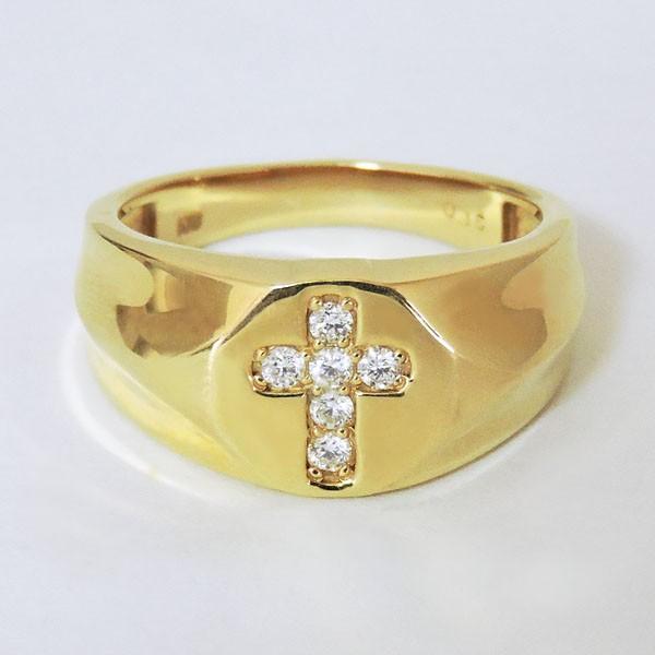 リング 印台型 クロスモチーフ ダイヤモンド k18 イエローゴールド