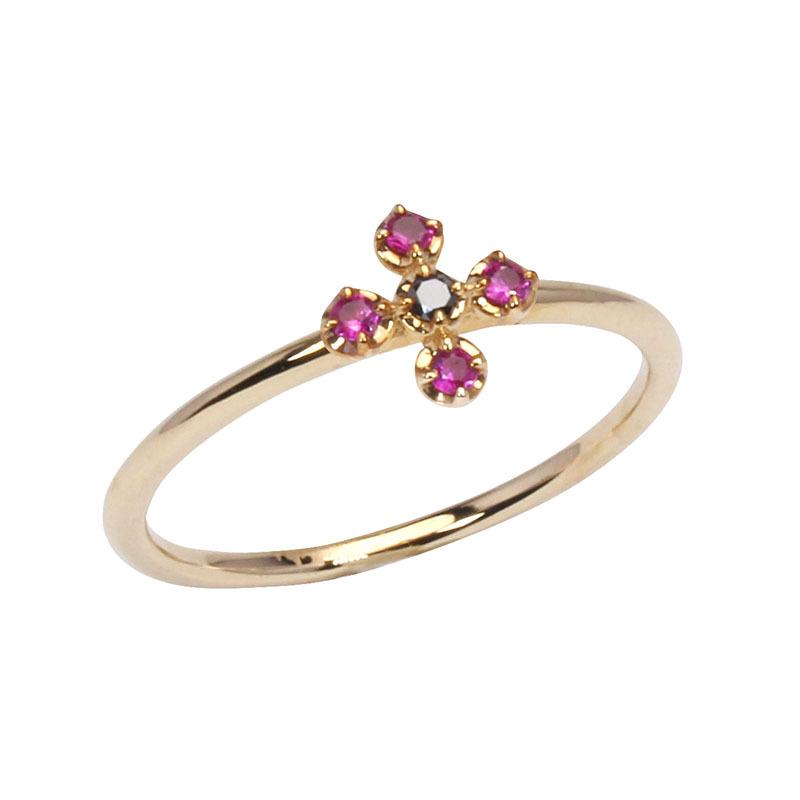 リング ルビーリング ブラックダイヤモンド ルビー クロス 十字架 フラワー 花 k18 18k 18金 イエローゴールド メンズ 送料無料 プレゼント ギフト puの画像