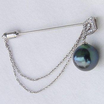 ラペルピン メンズ 男性用 タヒチ黒蝶真珠 ピンブローチ ダイヤモンド パール グリーン系 11mm k18 ホワイト ゴールド 送料無料 プレゼント ギフト p