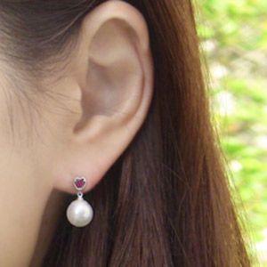 パール ピアス 18金 18k 真珠 ホワイトゴールド ルビー ルビー ハート 7月誕生石 ぶら下がり ゆれる 揺れる 送料無料 普段使い プレゼント ギフト puの画像
