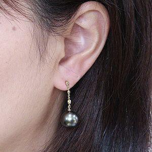 パール ピアス 18金 18k 真珠 ブラック タヒチ黒蝶真珠 グリーン系 