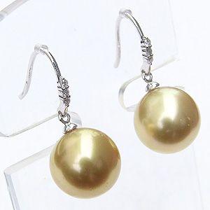 真珠（ゴールド色）★ピアス★18金★ダイヤ入り パール ピアス 18金 真珠 ゴールデンパール 南洋白蝶真珠 11mm