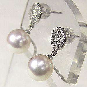 パールピアス 18金 真珠 あこや本真珠 k18 ホワイトゴールド 8mm ピンクホワイト系 ダイヤモンド 0.10ct 揺れる 送料無料 プレゼント ギフト 自分買い puの画像