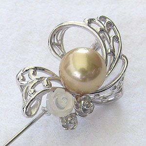 ブローチ 真珠ブローチ 兼 ペンダント 南洋白蝶真珠 ゴールド系 10mm