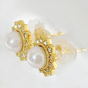 パール ピアス 18金 18k 真珠 4mm k18 イエローゴールド ダイヤモンド シリコンダブルロックキャッチき 送料無料 プレゼント ギフト ご褒美 自分買い puの画像