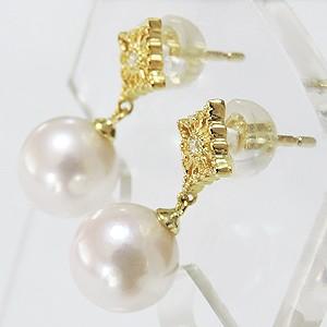 パール ピアス 18金 18k 真珠 あこや本真珠 ダイヤモンド 真珠 k18 ゴールド イエローゴールド シリコンダブルキャッチ付 き プレゼント ご褒美 自分買い puの画像