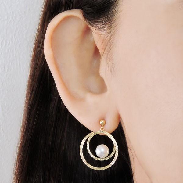パール ピアス 18金 18k Wフープデザイン キャッチ付 あこや本真珠 6mm k18 イエローゴールド ゆれる ぶら下がり 送料無料 プレゼント ギフト 自分買い puの画像