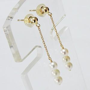 パール ピアス 18金 18k 真珠 ロング チェーン あこや本真珠3.5-4mm 